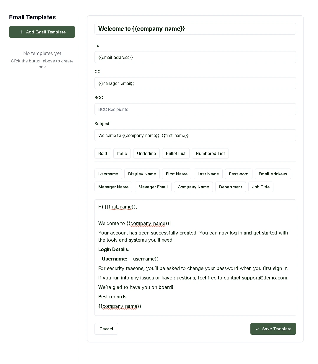 Email Templates interface