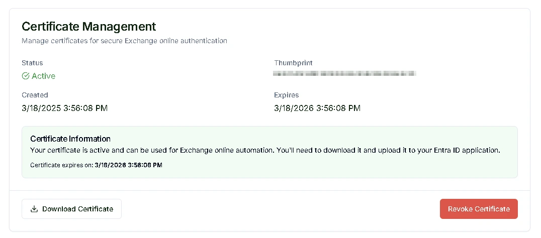 Exchange authentication certificate