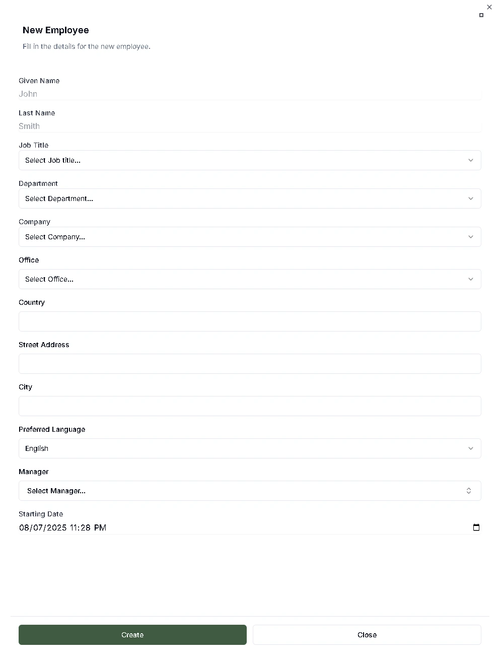 New Employee form