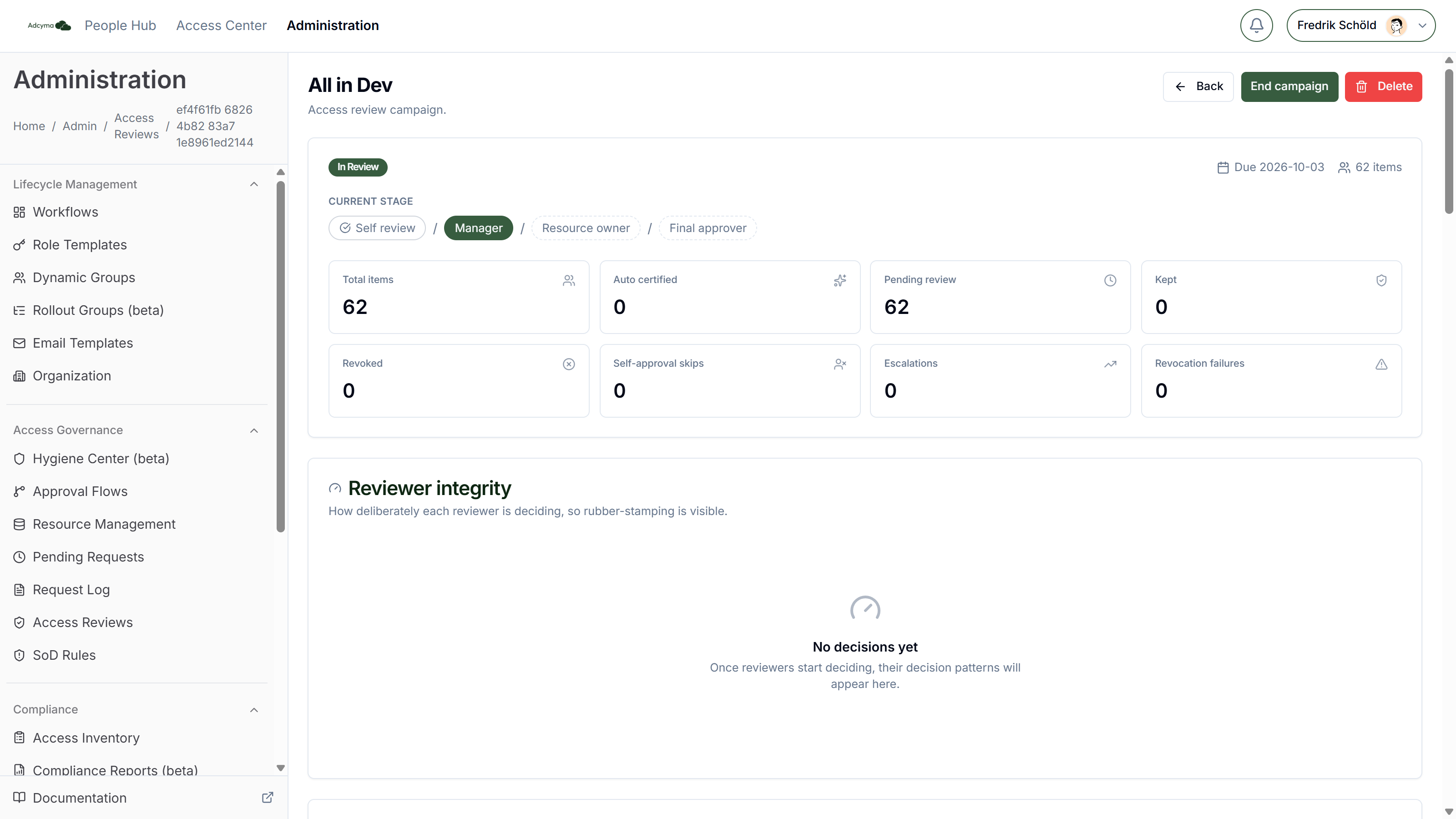 Campaign page with current stage, stat tiles and reviewer integrity