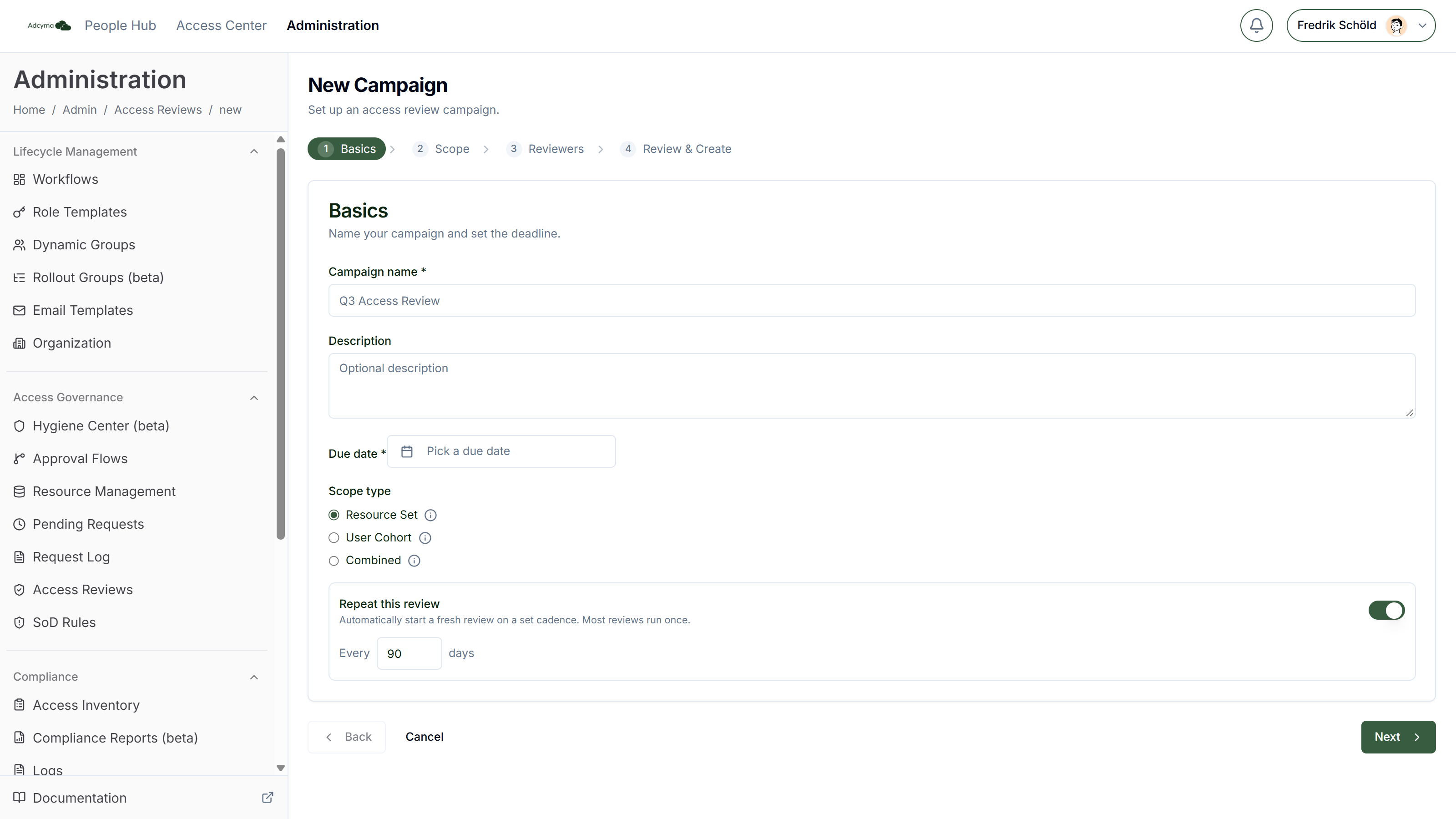 New campaign wizard, Basics step with Repeat this review switched on