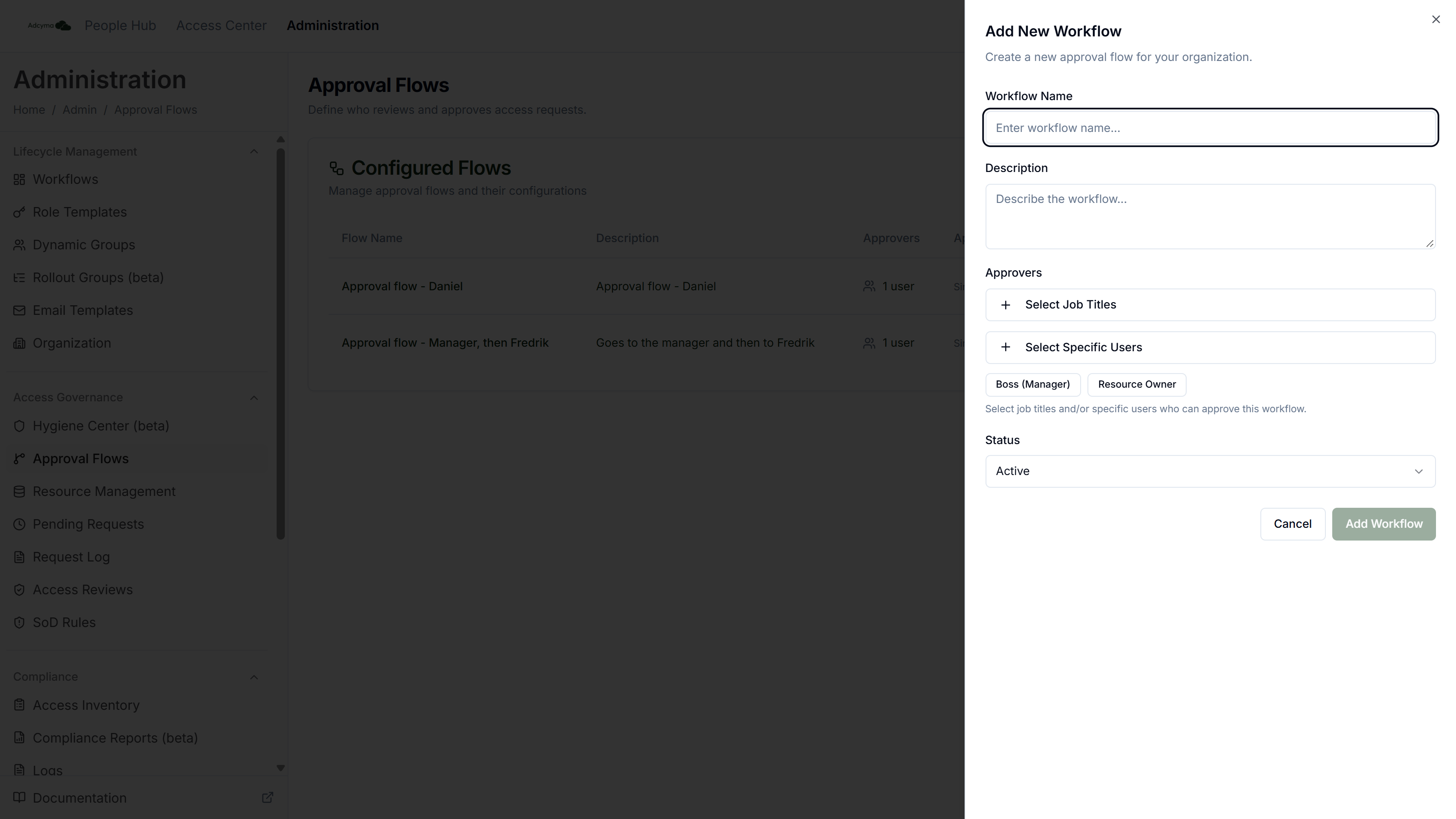 Add New Workflow panel for approval flows