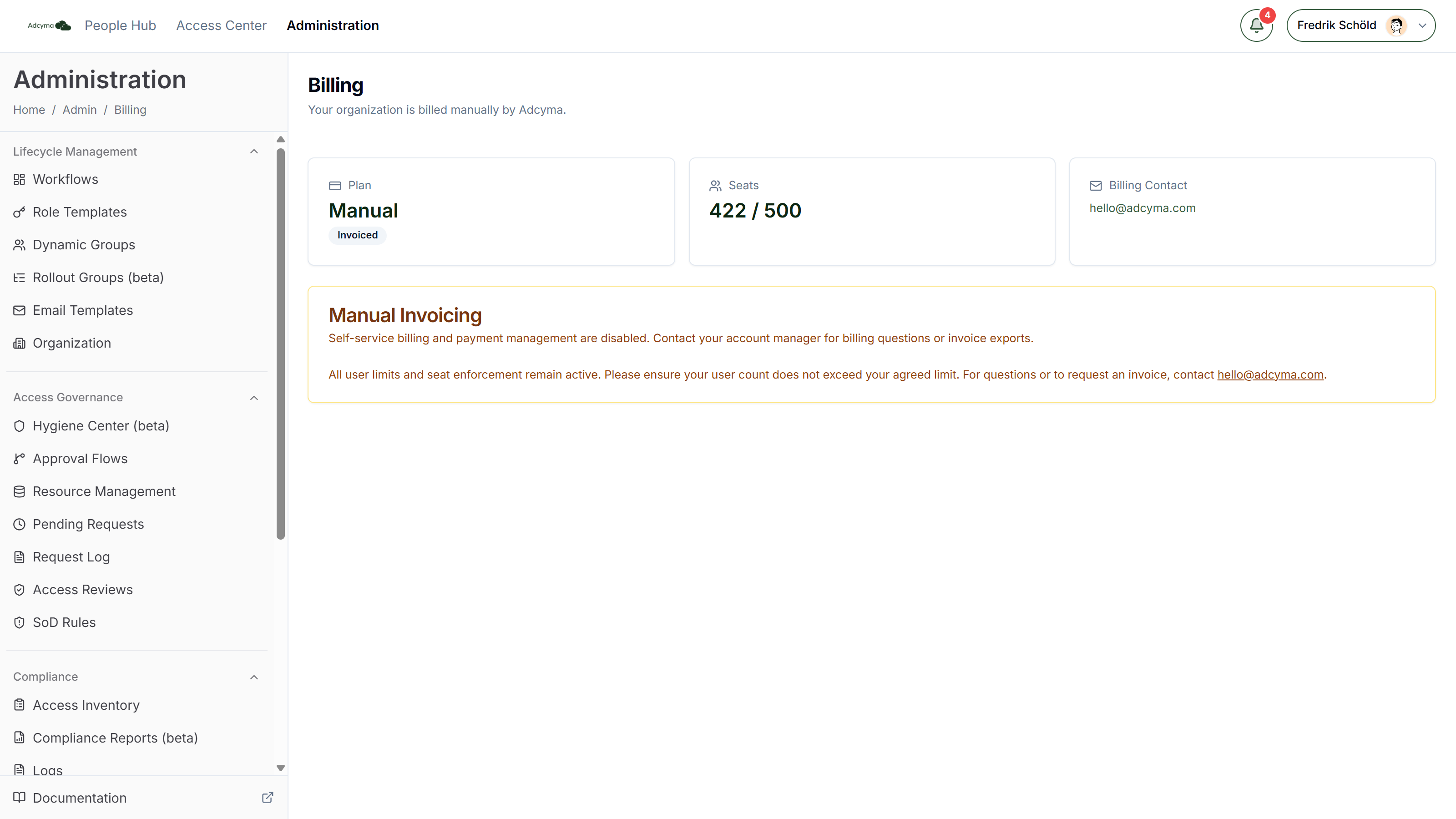 Billing page for a manually invoiced organization