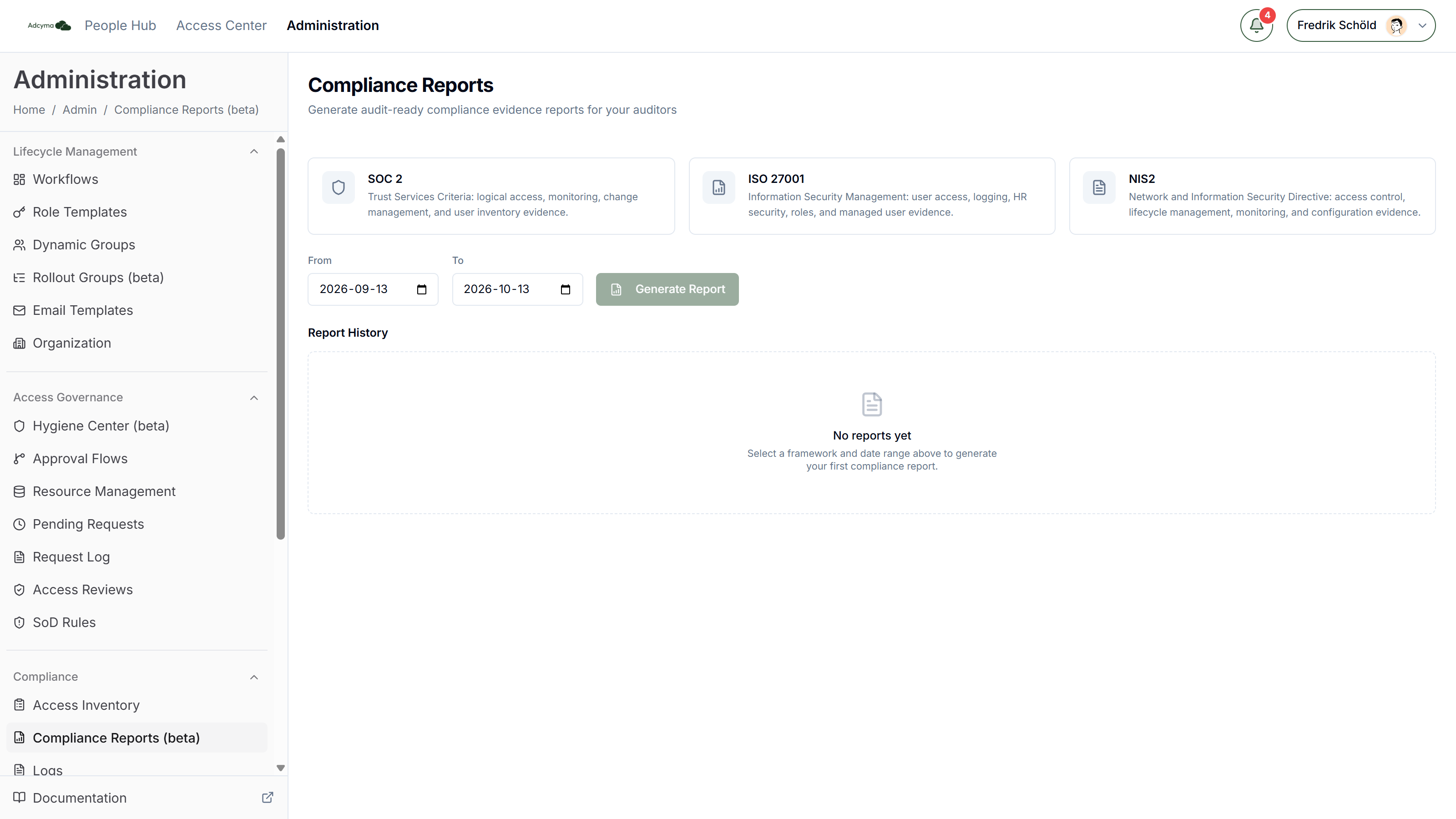 Compliance Reports page with framework cards, date range and report history
