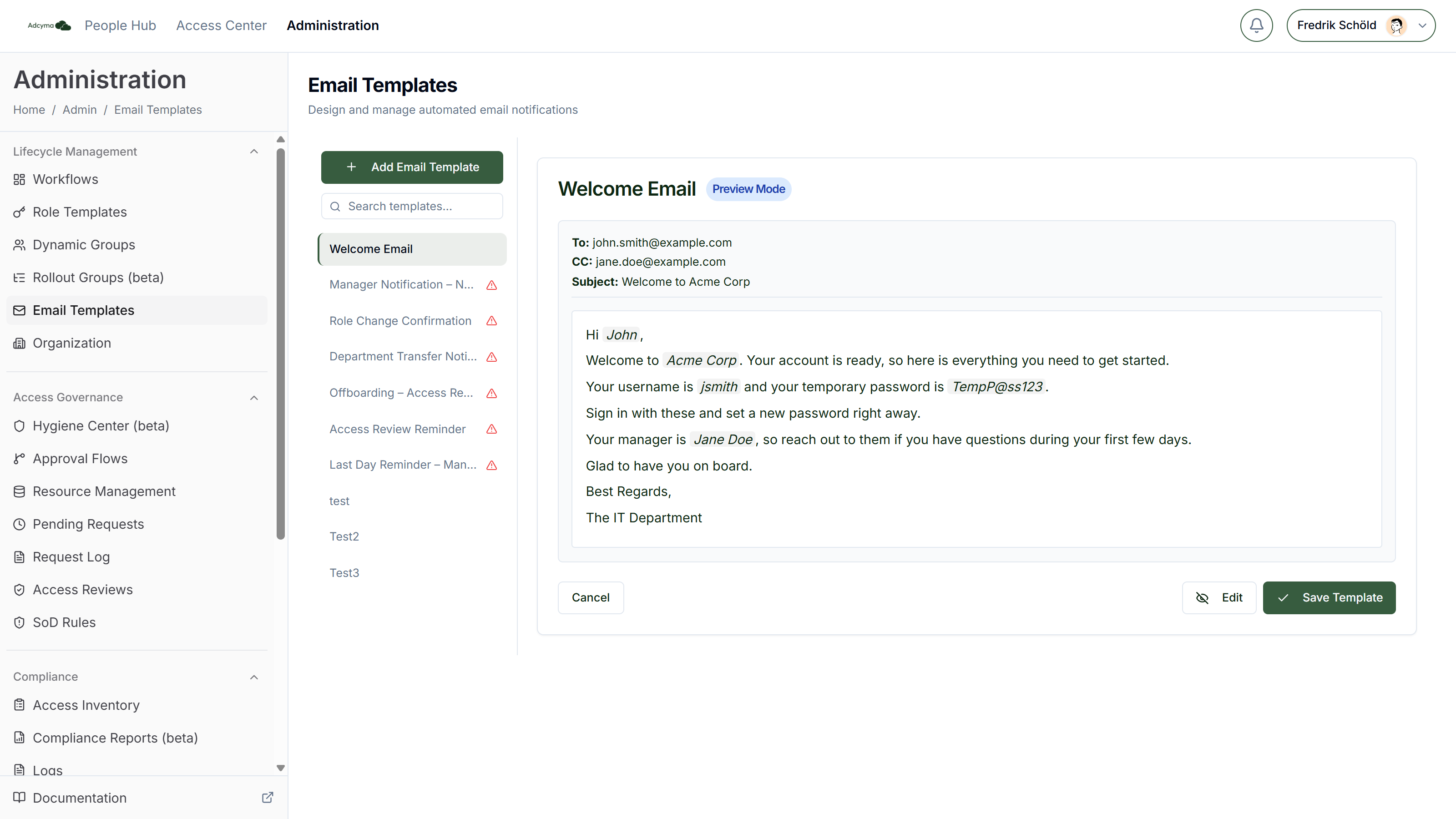 Email template preview with sample values
