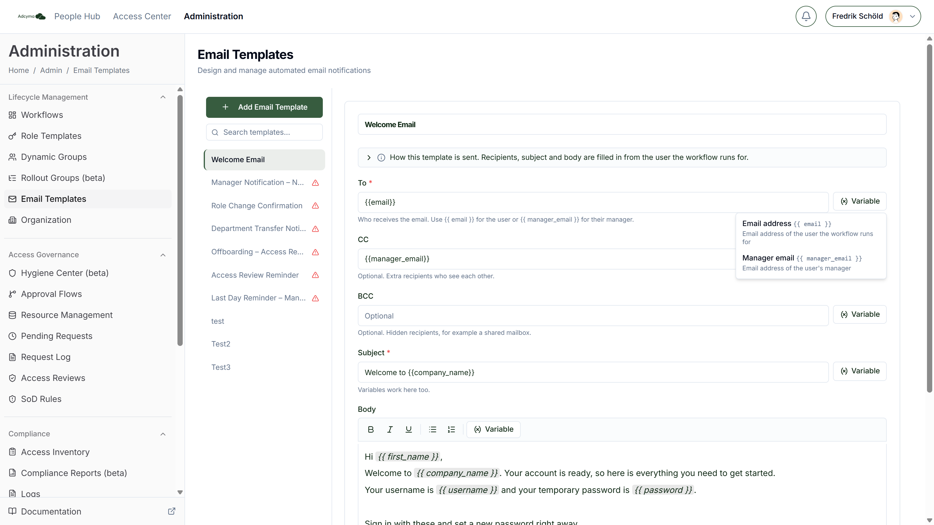 Email template editor with the Variable menu open