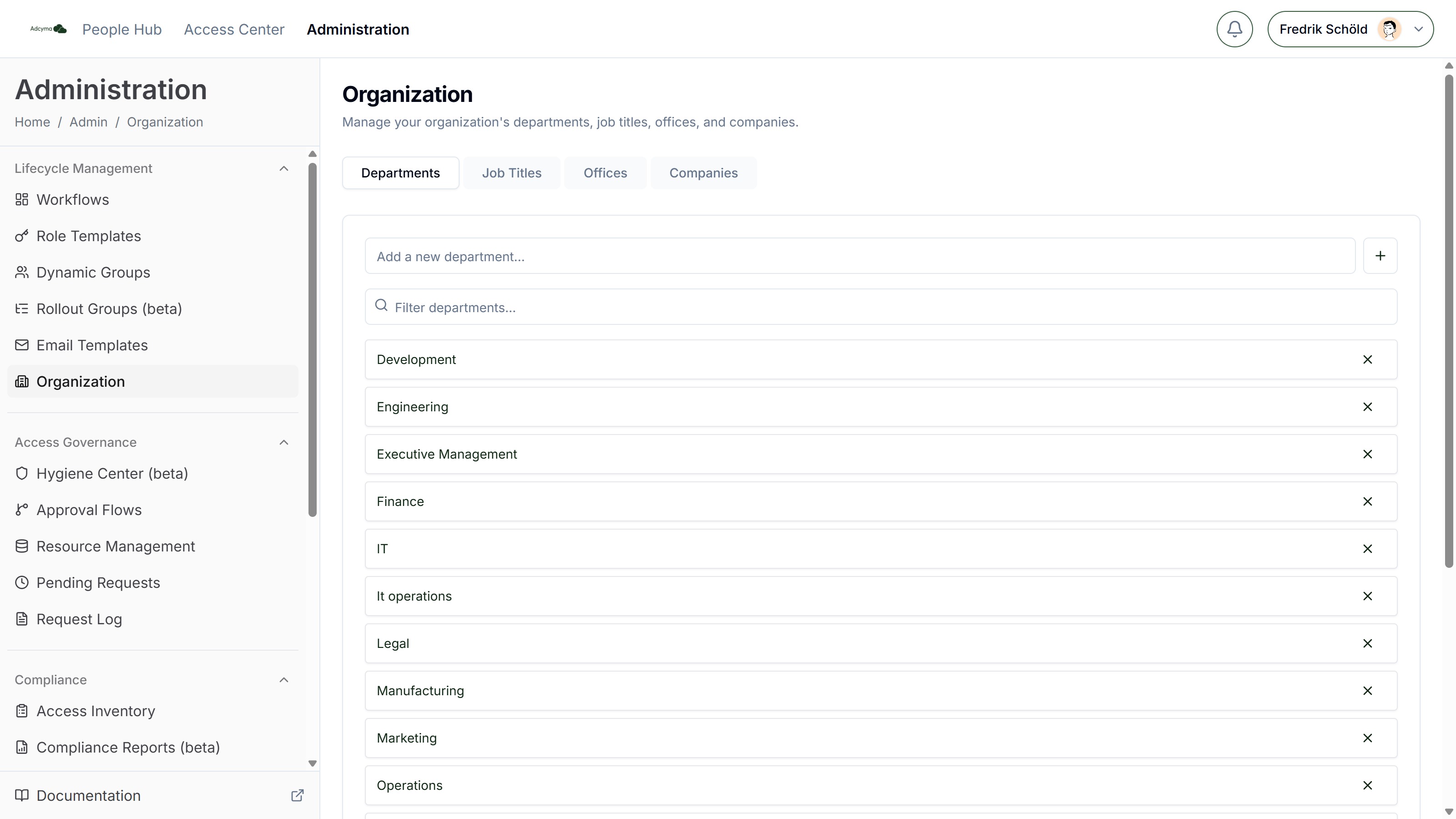 Organization page with tabs