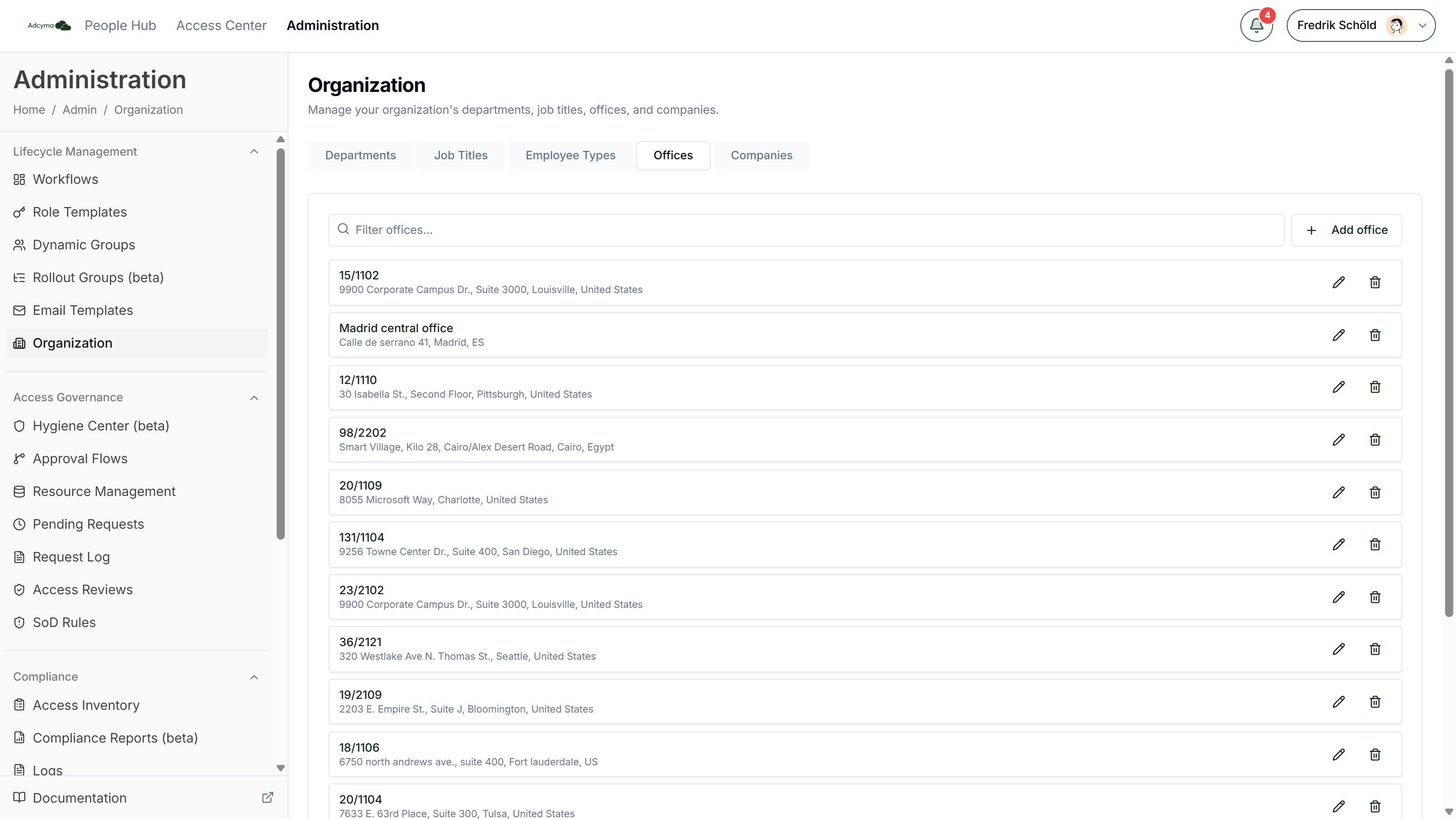 Organization page with the Offices tab selected