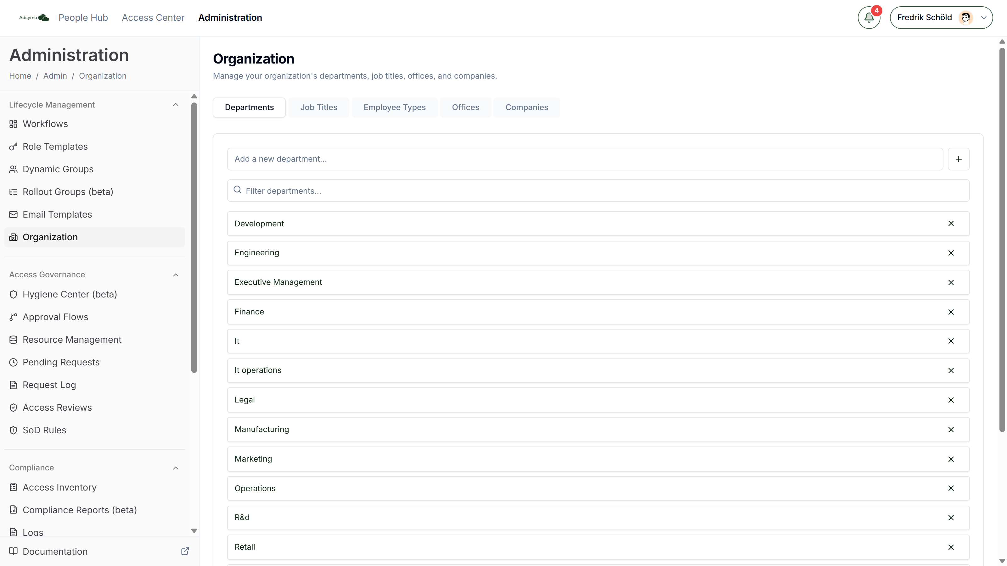 Organization page with the Departments tab selected
