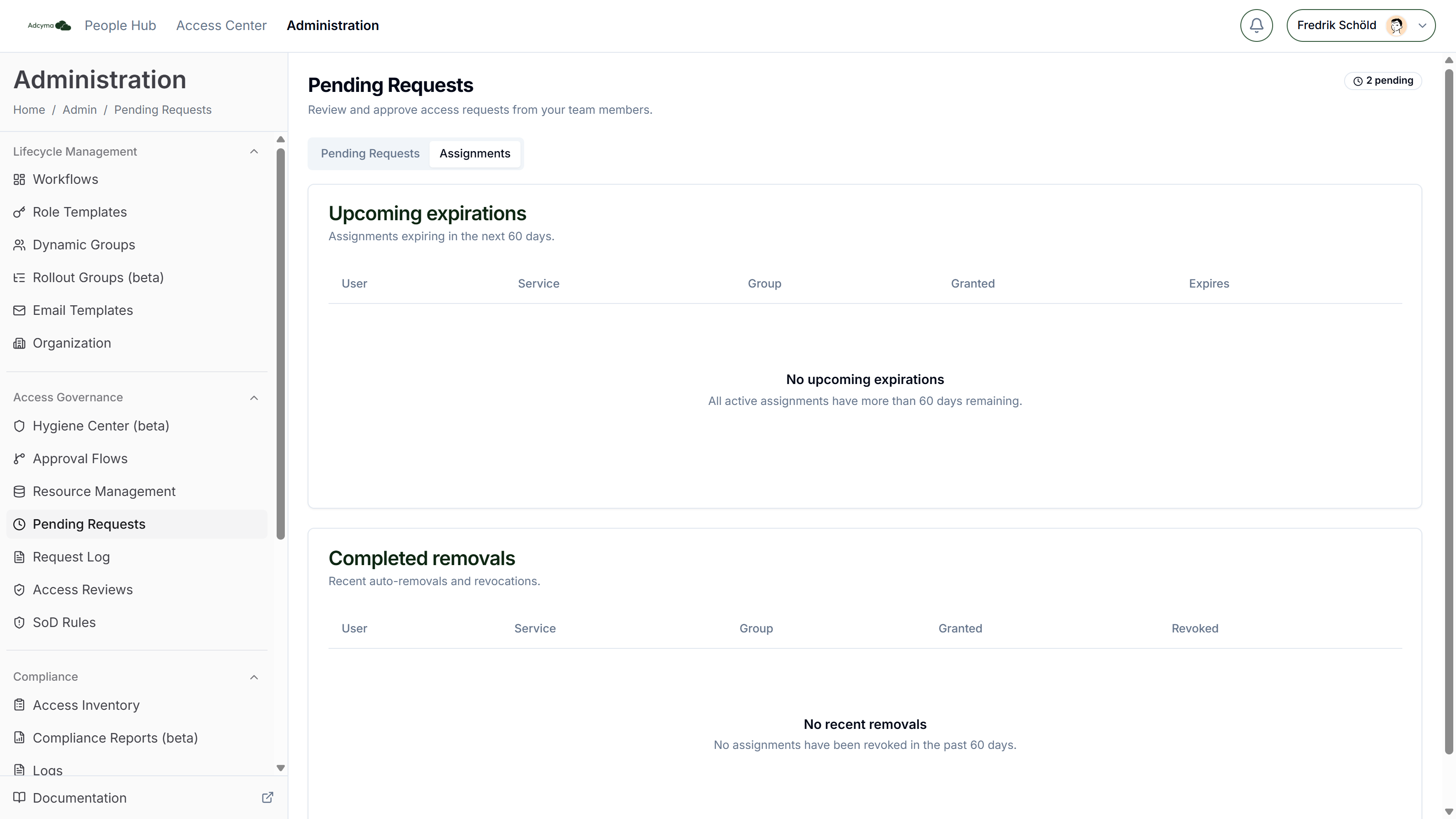 Pending Requests page, Assignments tab