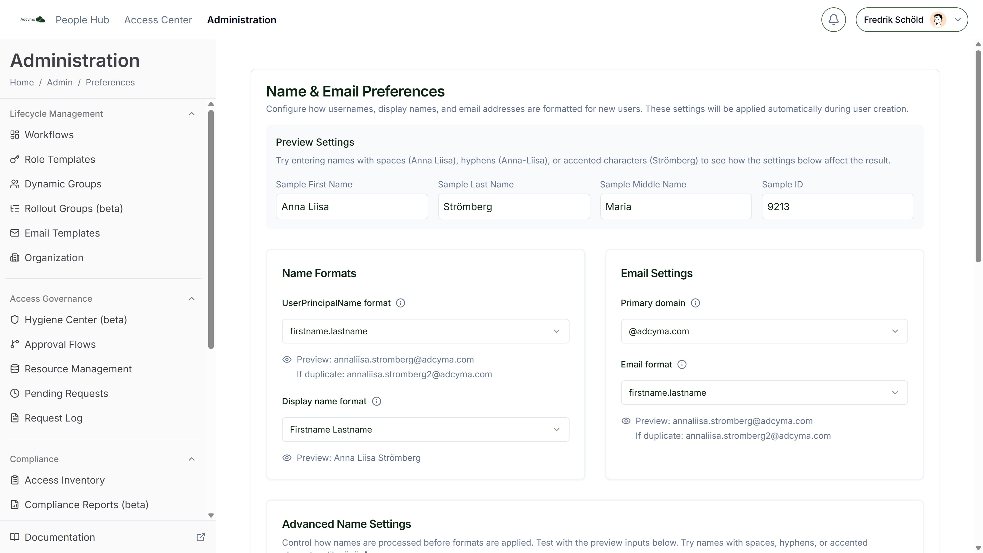 Name and Email Preferences