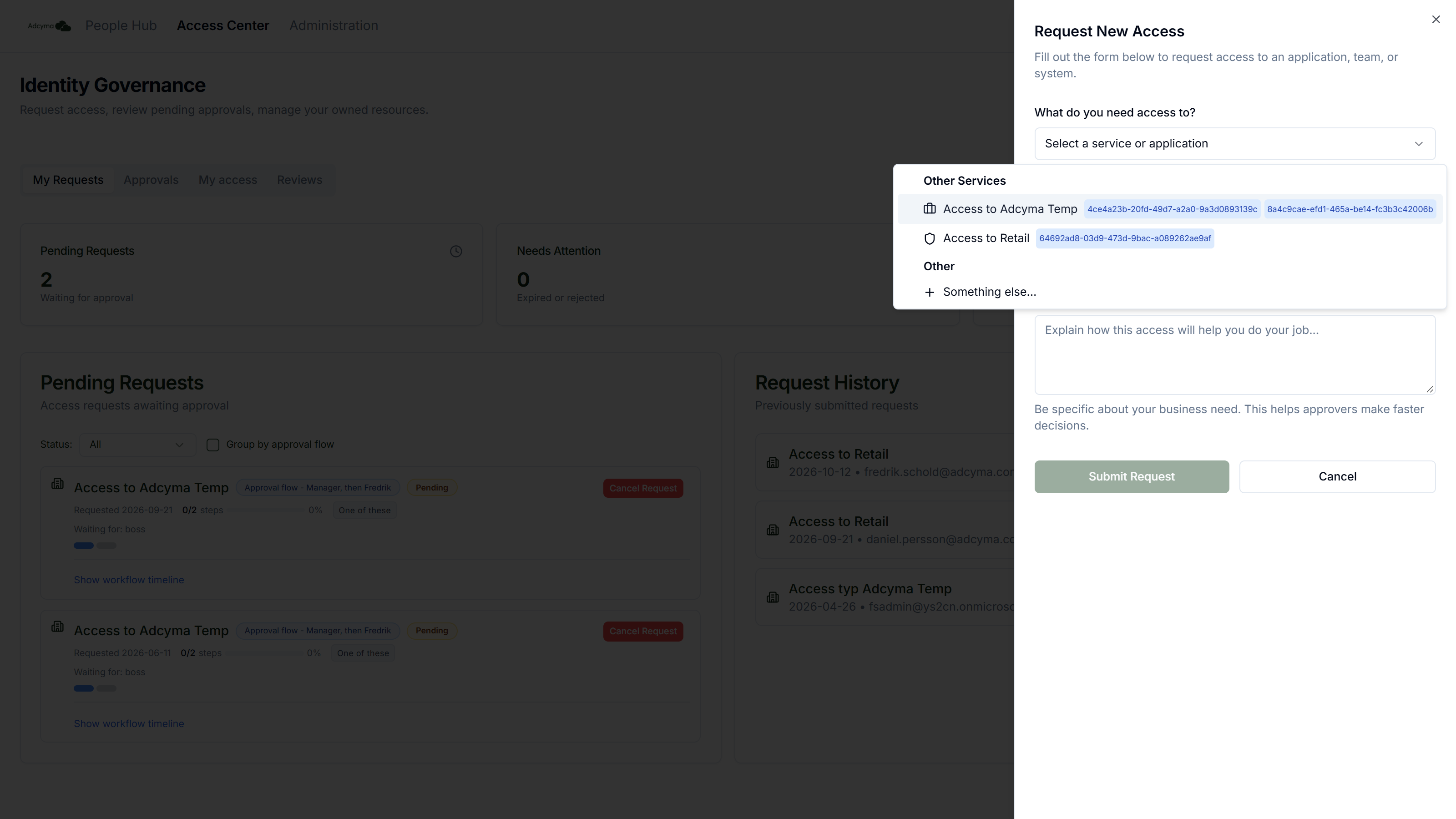 Request New Access form with the resource list open