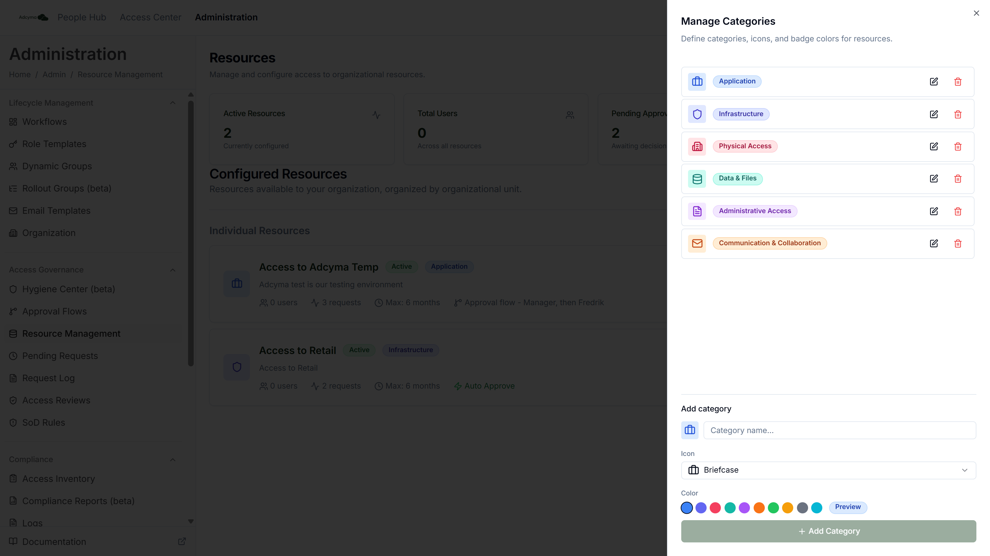 Manage Categories panel