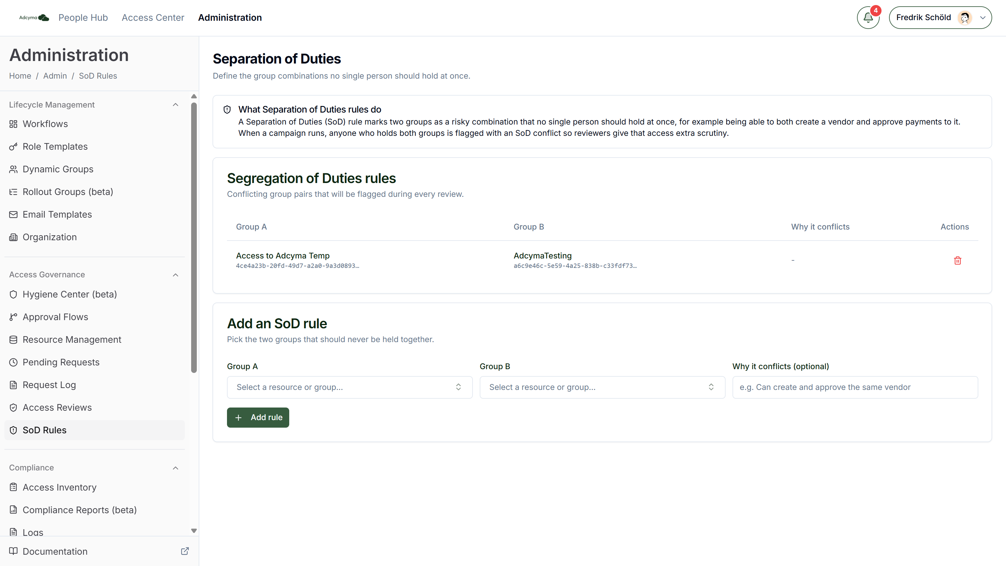 Separation of Duties page with the rules table and the Add an SoD rule form