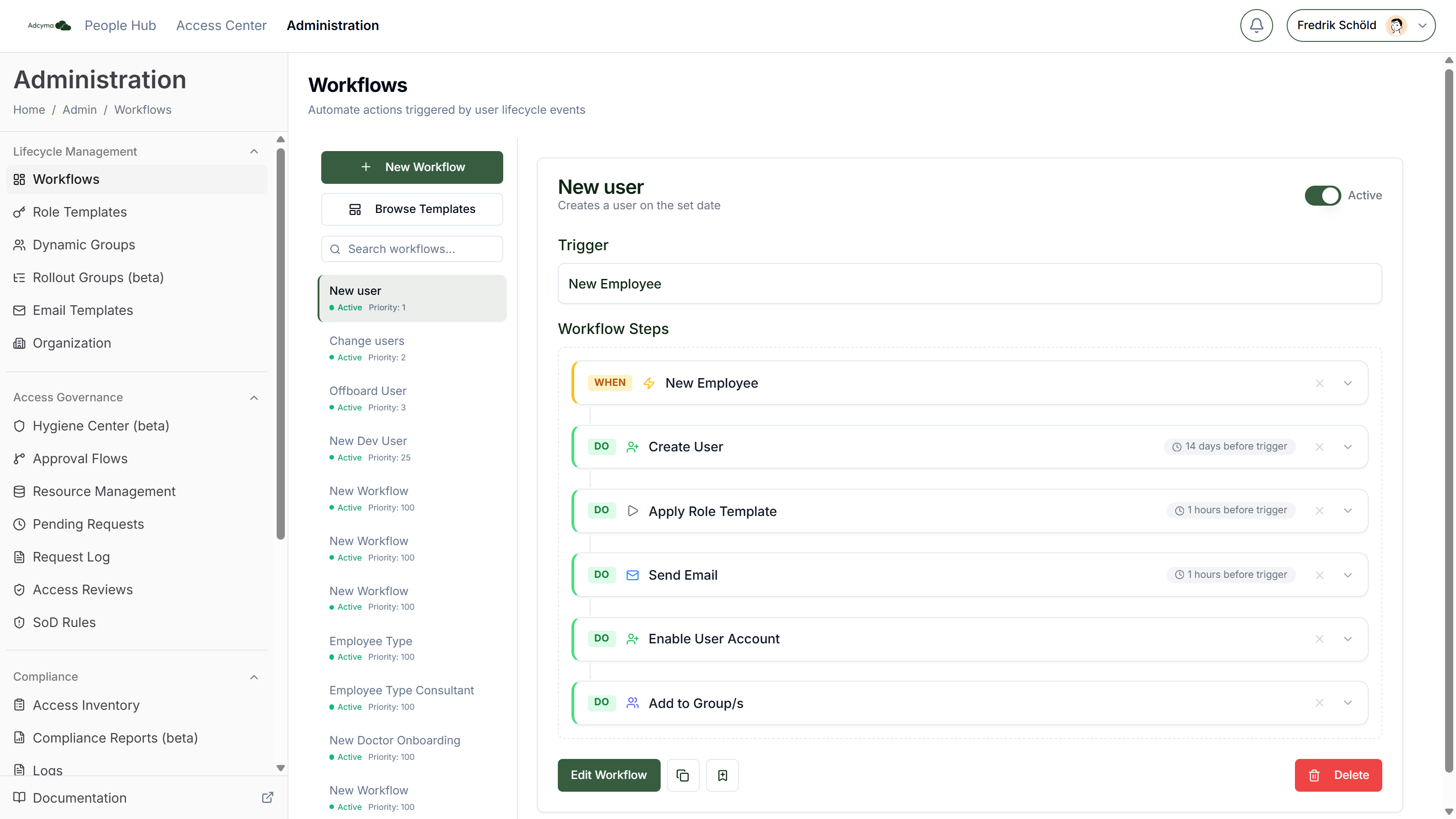 A saved workflow with its trigger and steps